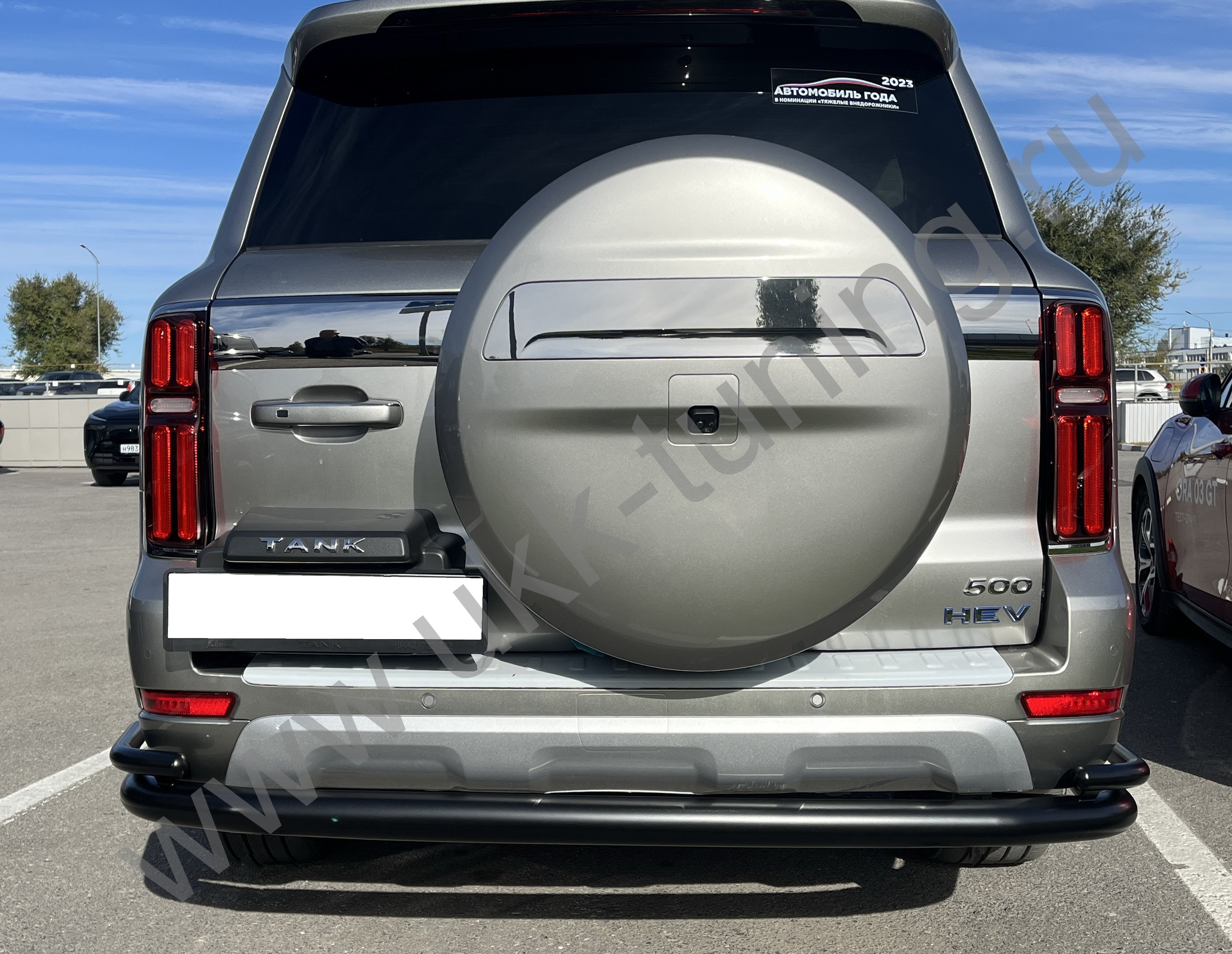 Защита заднего бампера угловая большая двойная с покрытием "Раптор" Tank 500 с 2023