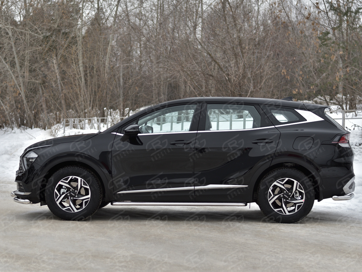 KIA SPORTAGE 2021 (кроме STYLE AND X-LINE) Пороги труба d42 с листом (лист алюм, проф нерж) (вариант 1)