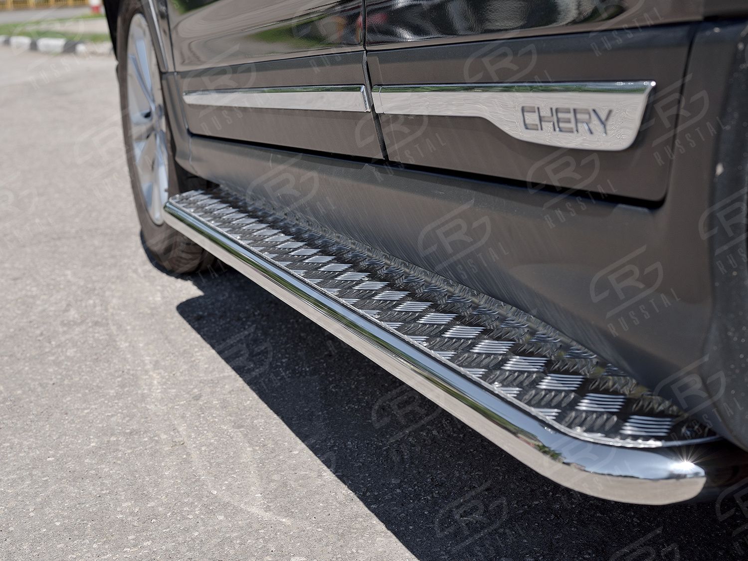 CHERY TIGGO 5 2014-2016 Пороги труба d42 с листом (Лист алюм, проф нерж)(Вариант1) CT5L-0022661