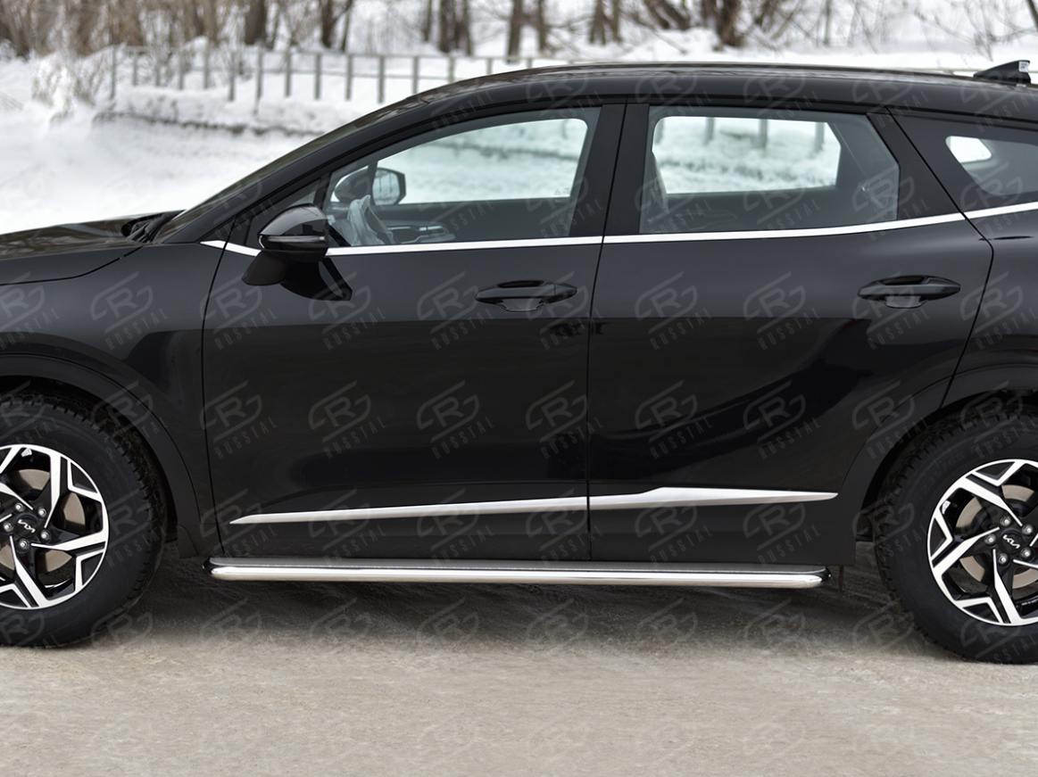 KIA SPORTAGE 2021 (кроме STYLE AND X-LINE) Пороги труба d42 с листом (Лист нерж, проф нерж) (вариант 3)