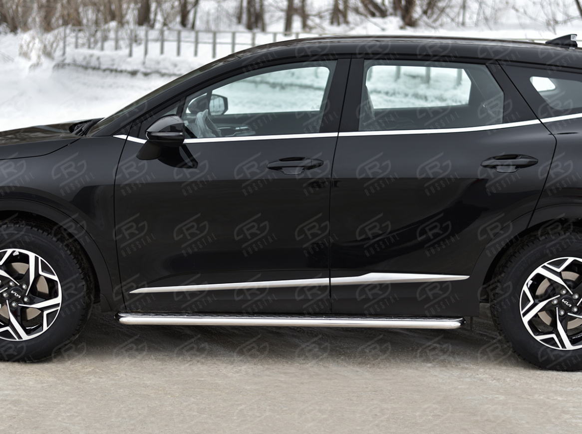 KIA SPORTAGE 2021 (кроме STYLE AND X-LINE) Пороги труба d42 с листом (Лист алюм, профсталь) (вариант 2)
