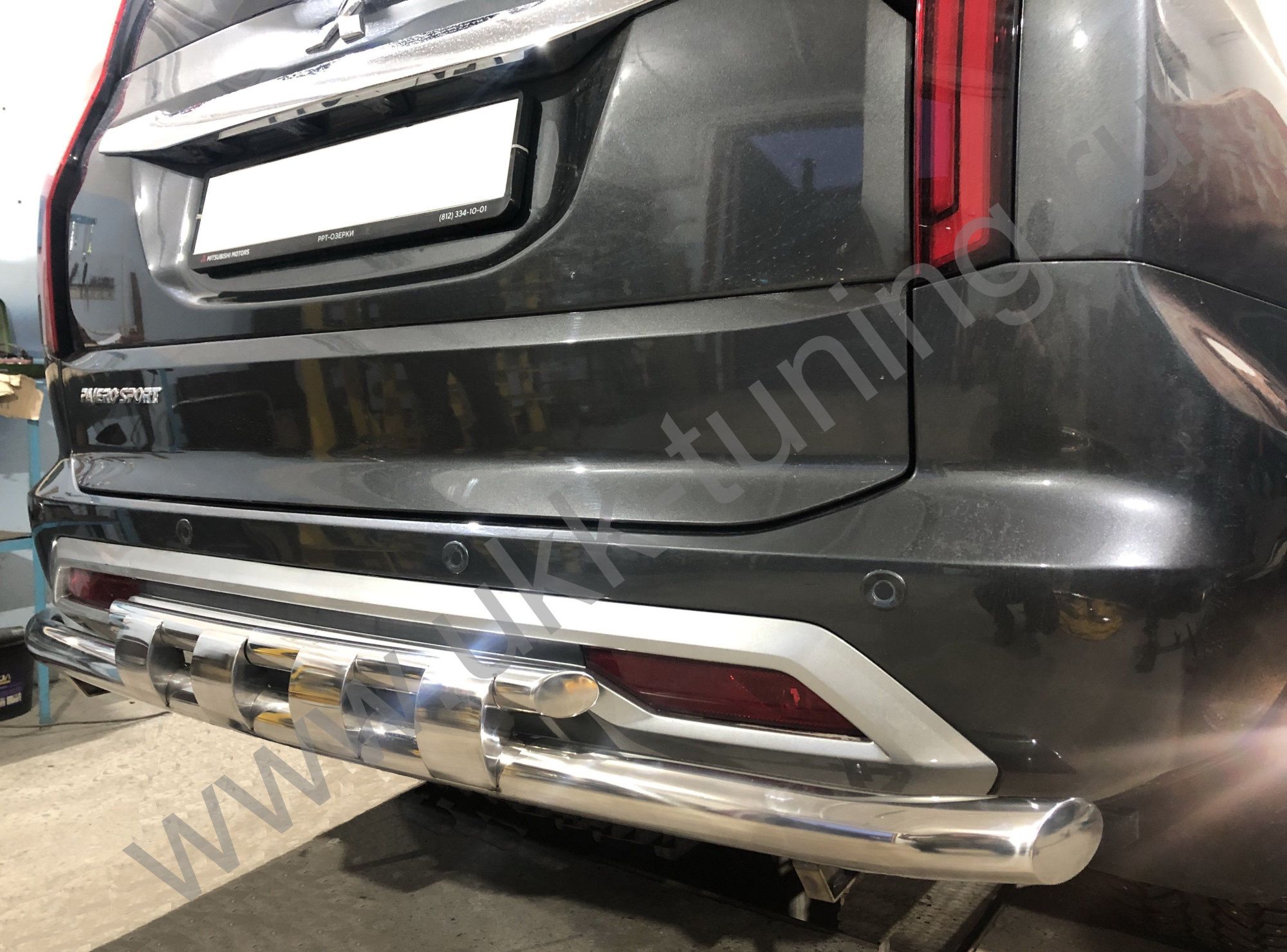 Защита заднего бампера двойная с перемычками Mitsubishi Pajero Sport с 2021 Защита заднего бампера двойная с перемычками Mitsubishi Pajero Sport с 2021