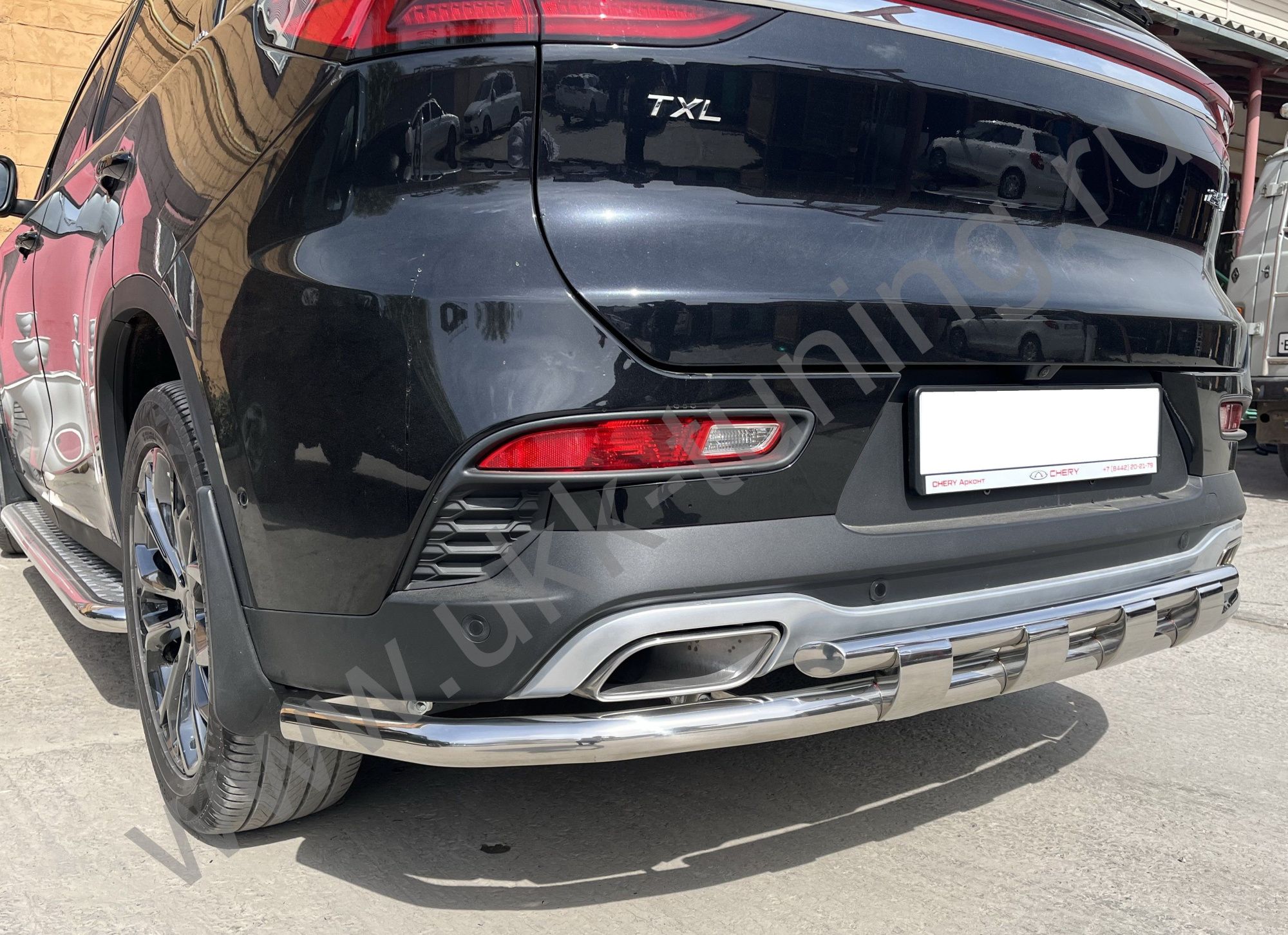 Защита заднего бампера CheryExeed TXL с 2020 угловая большая двойная с перемычками  Защита заднего бампера CheryExeed TXL с 2020 угловая большая двойная с перемычками